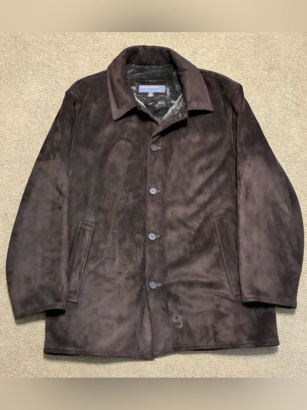 Perry Ellis Portfolio Faux Suede Fur-Lined Button Up Coat Brown Men's Size XL